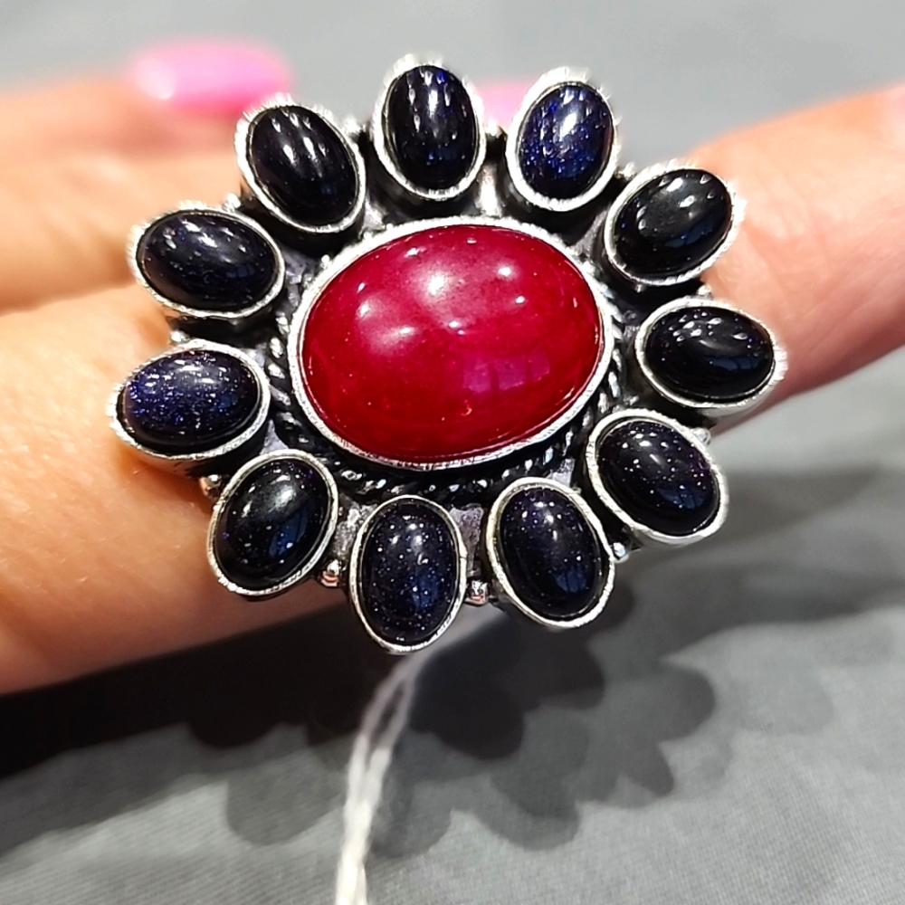 Ruby and blu sandstone sterling silver ring